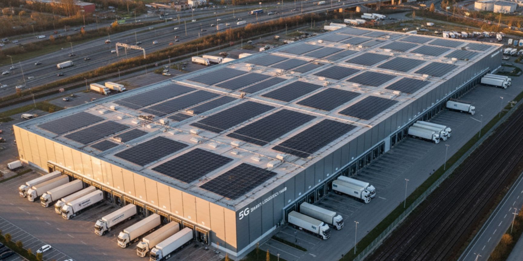 Eine große, weitläufige Logistikanlage aus der Vogelperspektive, ausgestattet mit einer Vielzahl von Solarmodulen auf dem Dach. Zahlreiche LKW sind an den Laderampen angedockt, und das Gebäude ist von ausgedehnten Park- und Rangierflächen umgeben. Im Vordergrund verlaufen Bahngleise, und im Hintergrund erstreckt sich ein dichtes Netz von Straßen und Autobahnen, die die hervorragende Infrastruktur und Konnektivität des Industriegebiets hervorheben.